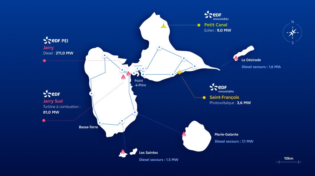 Carte de la production électrique en Guadeloupe (transcription ci-après)