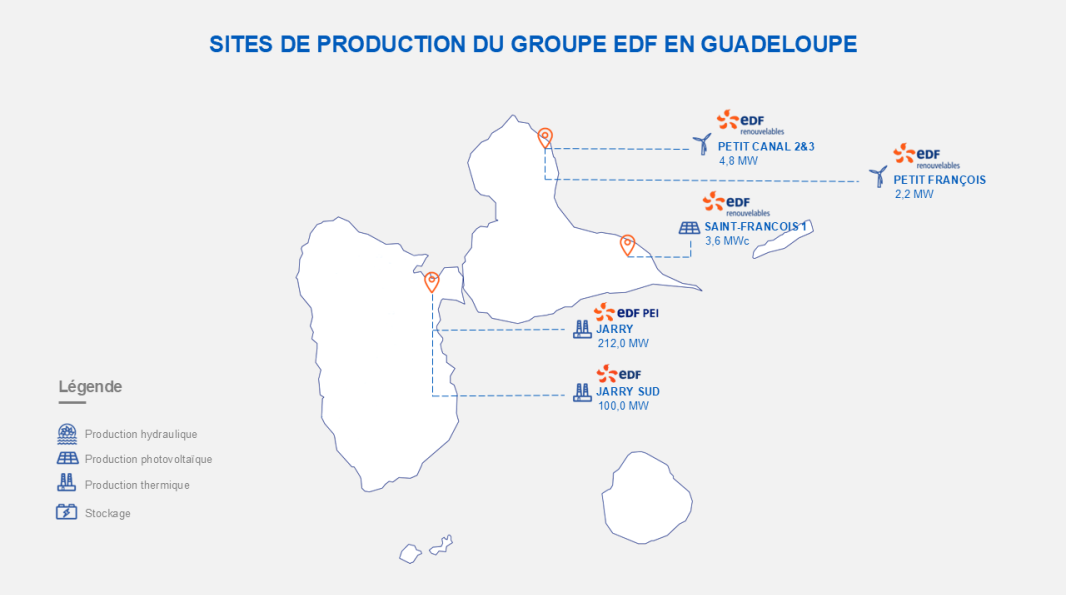 Carte de la production électrique en Guadeloupe (transcription ci-après)