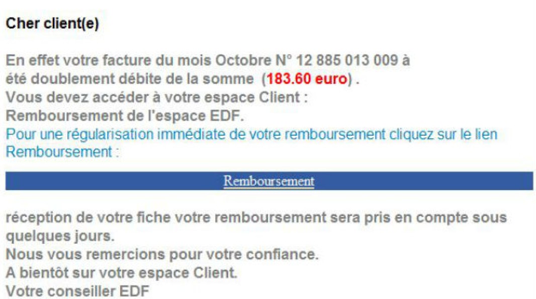 Capture d'écran d'un email frauduleux se faisant passer pour EDF, prétendant un double débit de facture avec un lien de remboursement (transcription ci-après)