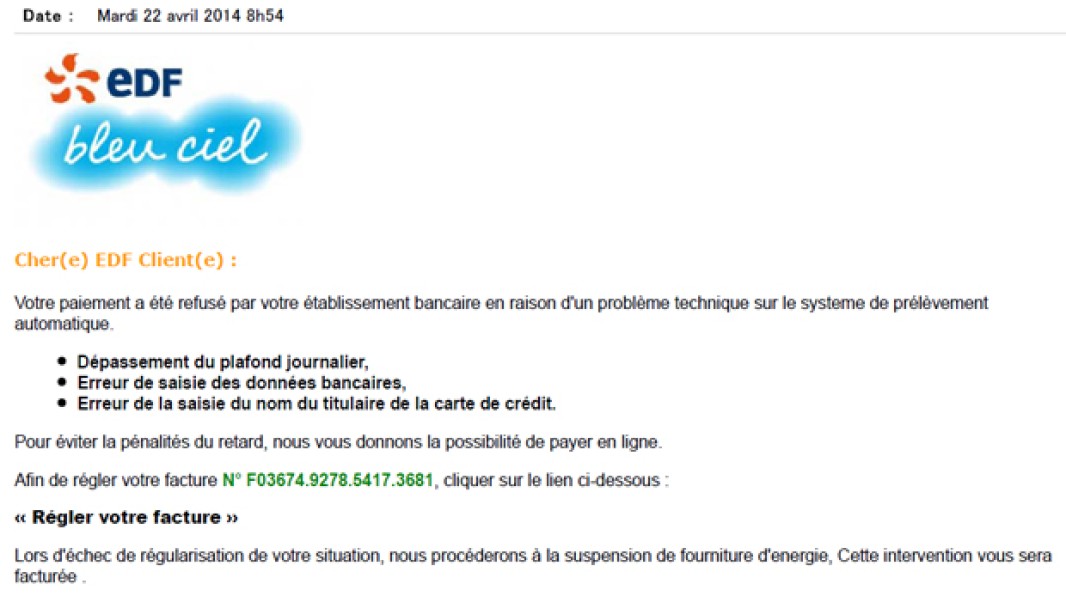 Faux message EDF avec logo, prétexte de rejet bancaire dû à des erreurs techniques, liste des causes probables, lien cliquable pour régler une facture fictive (transcription ci-après)