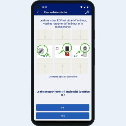 Capture d’écran de l’application EDF Dom & Corse, page « Panne d'électricité » avec une aide pour réenclencher le disjoncteur EDF intérieur en cas de panne d’électricité