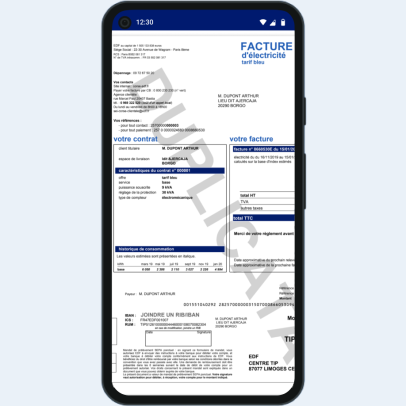 Capture d’écran de l’application EDF Dom & Corse, page « Mes factures » affichant un exemple de facture d’électricité numérique