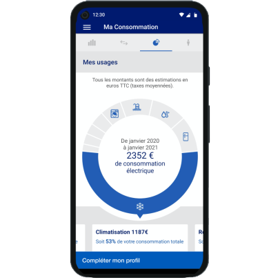 Capture d’écran de l’application EDF Dom & Corse, page « Mes usage » montrant un graphique circulaire de la consommation électrique