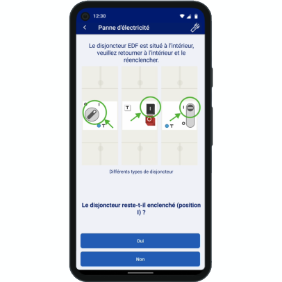Capture d’écran de l’application EDF Dom & Corse, page « Panne d'électricité » avec  une aide pour réenclencher le disjoncteur EDF intérieur en cas de panne d’électricité