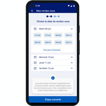 Capture d’écran de l’application EDF Dom & Corse, page « Mes rendez-vous » permettant de choisir un rendez-vous