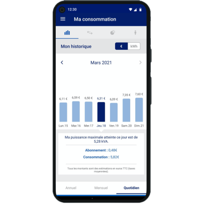 Capture d’écran de l’application EDF Dom & Corse, page « Mon historique » affichant un graphique de la consommation électrique mensuel