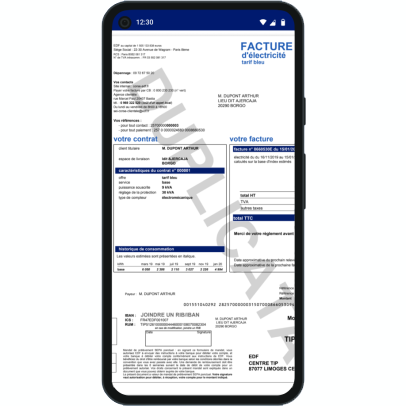 Capture d’écran de l’application EDF Dom & Corse, page « Mes factures » affichant un exemple de facture d’électricité numérique