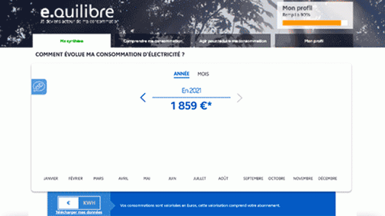 Capture d’écran de l’application e.quilibre affichant la section « Comment évolue ma consommation d’électricité ? »